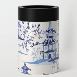Beautiful vintage ink chinese pagodas, mountains, trees in chinoiserie style. Hand drawn landscape vintage seamless pattern.  Can Cooler