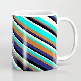 [ Thumbnail: Eye-catching Beige, Aqua, Chocolate, Midnight Blue, and Black Colored Lined Pattern Coffee Mug ]