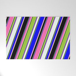 [ Thumbnail: Eye-catching Green, Blue, Hot Pink, Mint Cream & Black Colored Pattern of Stripes Welcome Mat ]