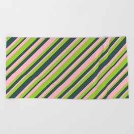 [ Thumbnail: Light Pink, Green & Dark Slate Gray Colored Striped/Lined Pattern Beach Towel ]