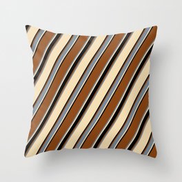 [ Thumbnail: Brown, Light Slate Gray, Tan, and Black Colored Lined/Striped Pattern Throw Pillow ]