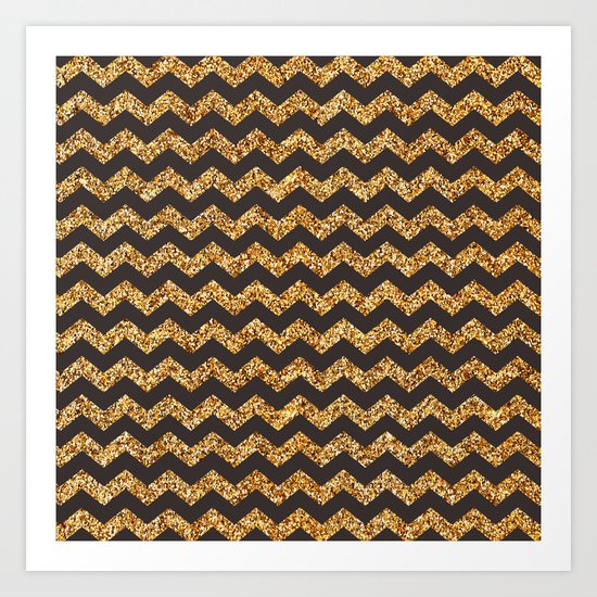 Dark Brown Gold Glitter Chevron Art Print