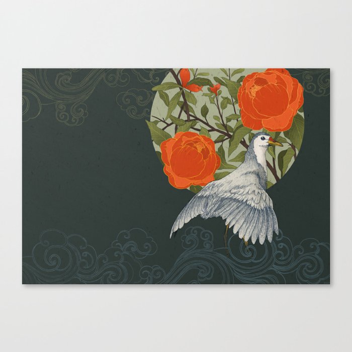 The bird and red flowers Canvas Print