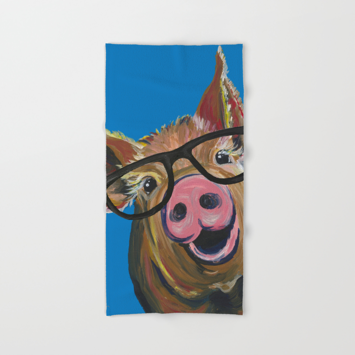 Pig With Glasses Blue Pig Painting Hand Bath Towel By Leekeller