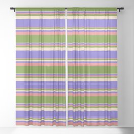 [ Thumbnail: Light Coral, Green, Bisque & Slate Blue Colored Striped/Lined Pattern Sheer Curtain ]