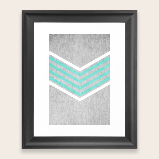 Teal and White Chevron on Silver Grey Wood Framed Art Print by
