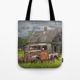 Old Vintage Pickup in front of an Abandoned Farm House Tote Bag