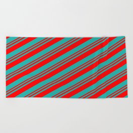 [ Thumbnail: Red and Light Sea Green Colored Stripes/Lines Pattern Beach Towel ]