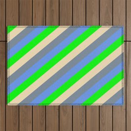 [ Thumbnail: Tan, Light Slate Gray, Cornflower Blue & Lime Colored Striped Pattern Outdoor Rug ]