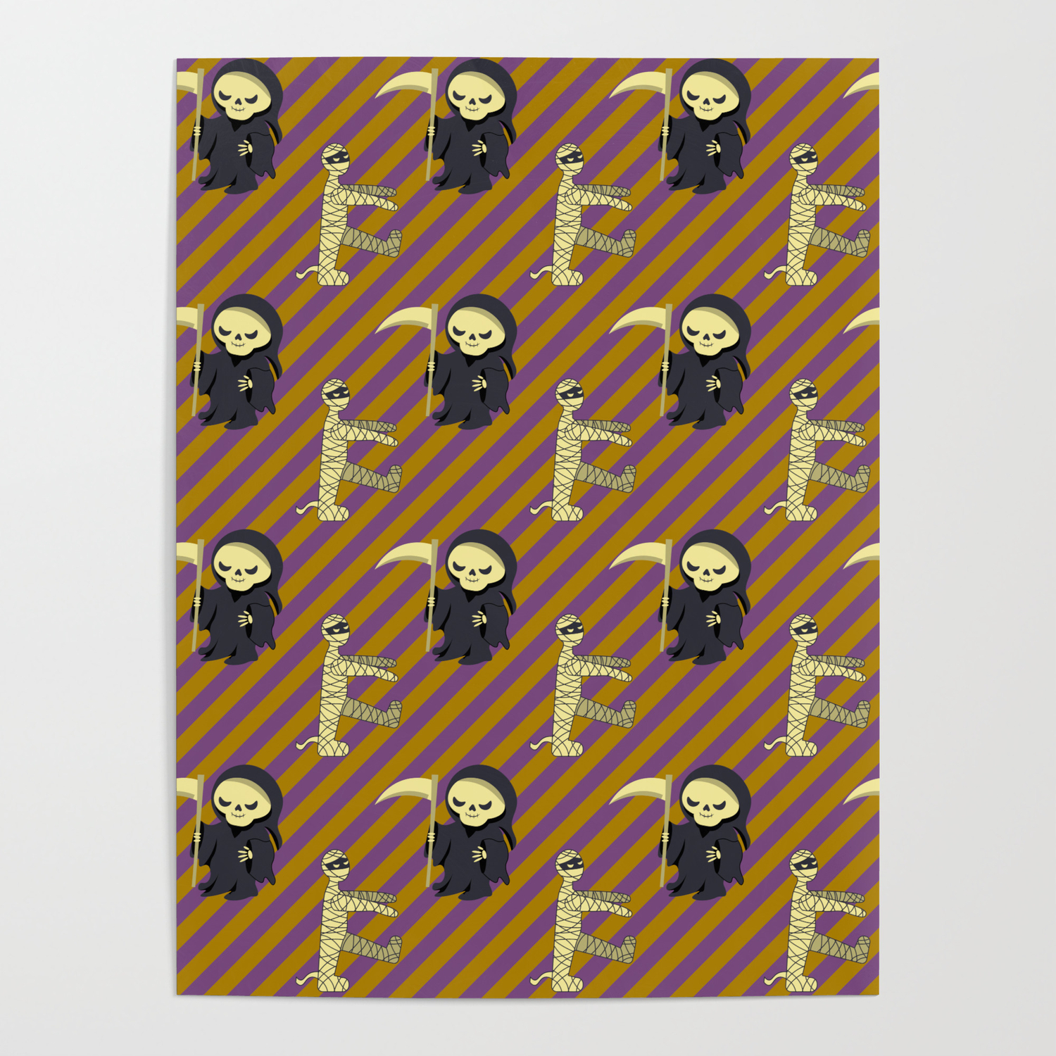 Halloween Mummy and Grim Reaper Death on striped background Poster by Iryna  Pakhomova | Society6