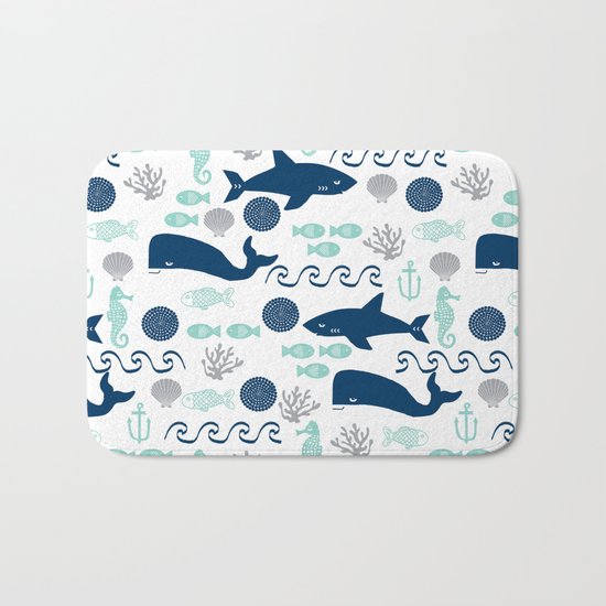 Nautical ocean animals sharks whales seahorses wave pattern sea life Bath Mat