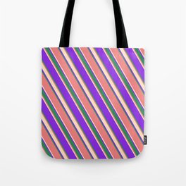 [ Thumbnail: Purple, Sea Green, Light Coral, and Bisque Colored Lined/Striped Pattern Tote Bag ]