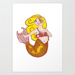Mermaid with Yellow Hair, a Golden Tail, and Pink Bikini Top with Pearls Art Print
