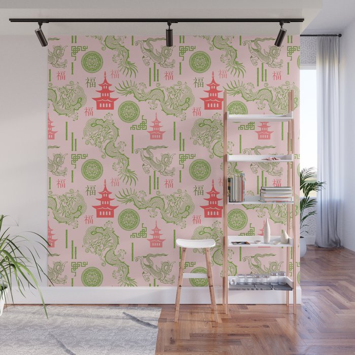 Pink And Green Chinoiserie Wall Mural By Wandastar Society6