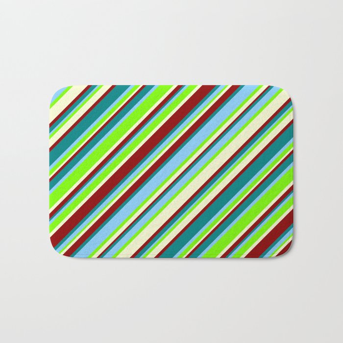 Light Sky Blue, Green, Light Yellow, Dark Red, and Teal Colored Lined/Striped Pattern Bath Mat