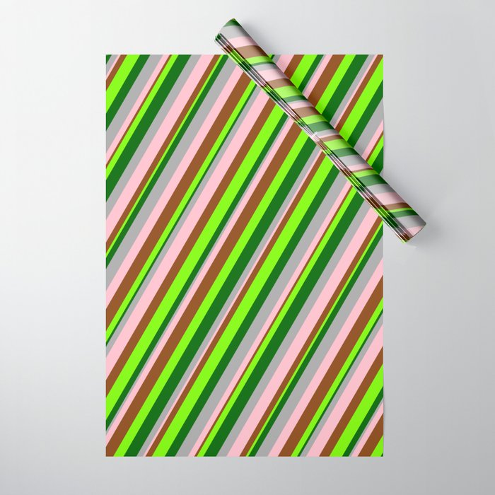 Vibrant Dark Grey, Pink, Brown, Green & Dark Green Colored Lined Pattern Wrapping Paper