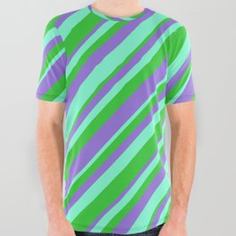 [ Thumbnail: Aquamarine, Lime Green, and Purple Colored Striped/Lined Pattern All Over Graphic Tee ]