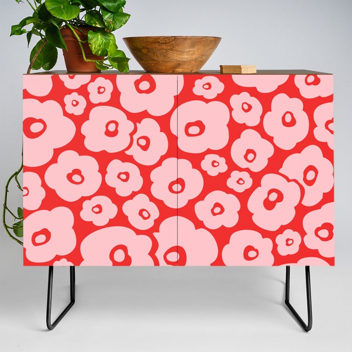 Retro Floral Pattern 140 Red and Pink Credenza
