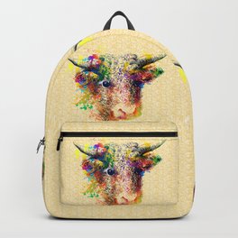 Hand drawn bull, cow, bison, buffalo head face portrait with horns. Colorful cattle painting sketch Backpack