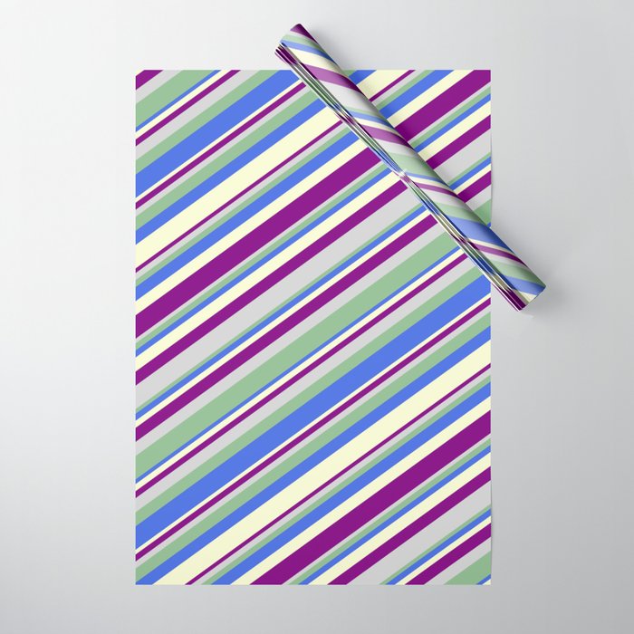 Colorful Light Grey, Dark Sea Green, Royal Blue, Light Yellow & Purple Colored Lined/Striped Pattern Wrapping Paper