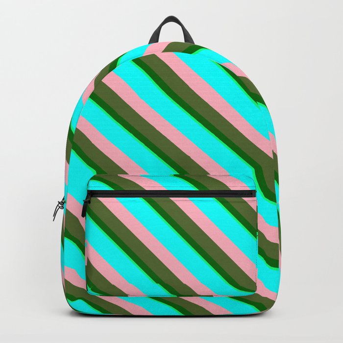 Eye-catching Aqua, Light Pink, Dark Olive Green, Dark Green & Green Colored Stripes/Lines Pattern Backpack