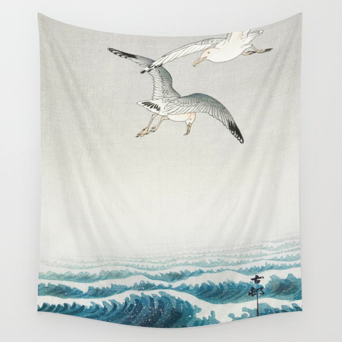 Seagulls over a stormy sea - Vintage Japanese Woodblock Print Art Wall Tapestry