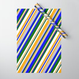 [ Thumbnail: Eyecatching Grey, Blue, Dark Green, White, and Orange Colored Stripes/Lines Pattern Wrapping Paper ]