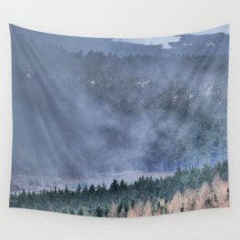 Descending Mist Over a Scottish Highlands Pine Forest Wall Tapestry