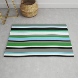 [ Thumbnail: Gray, Forest Green, Light Sky Blue, Mint Cream & Black Colored Lines/Stripes Pattern Rug ]