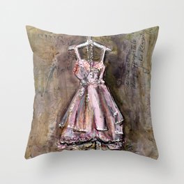 Vintage Pink Dress with Pearls Mixed Media Throw Pillow