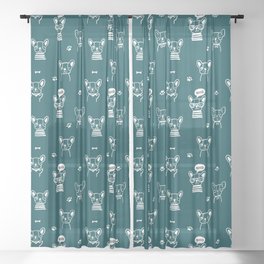 Teal Blue and White Hand Drawn Dog Puppy Pattern Sheer Curtain