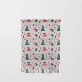 Very Christmas Pattern with green tree, red car, lights, gifts, and ornaments Wall Hanging