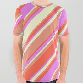 [ Thumbnail: Dark Salmon, Red, Violet, and Light Yellow Colored Lined/Striped Pattern All Over Graphic Tee ]