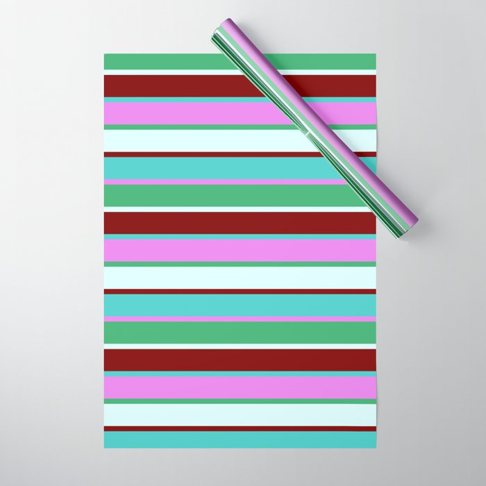 Turquoise, Violet, Sea Green, Light Cyan & Maroon Colored Lines/Stripes Pattern Wrapping Paper