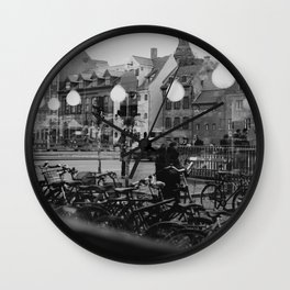 Copenhagen street scene,view from cafe, black and white Wall Clock