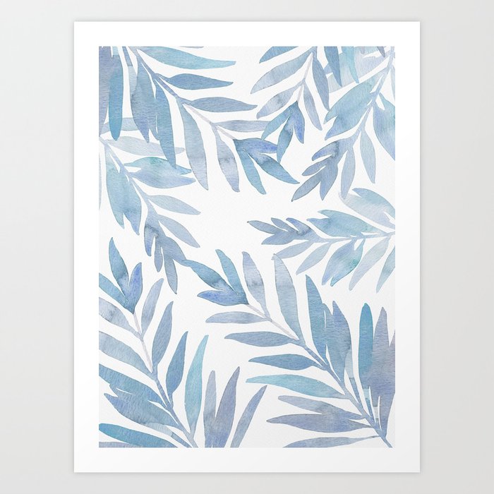 Muted Blue Palm Leaves Art Print
