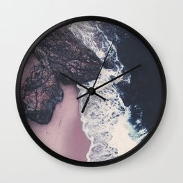 aerial beach - dark blue ocean - pink sand beach - crashing waves - sea travel- photography Wall Clock