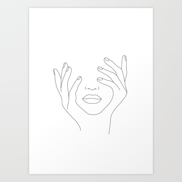 Minimal Line Art Woman with Hands on Face Art Print