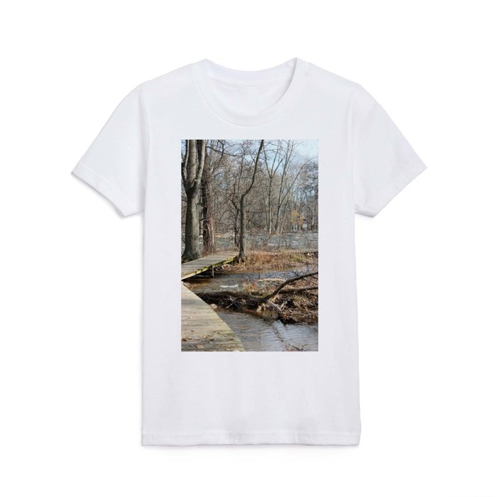 Boardwalk along the rushing River Kids T Shirt