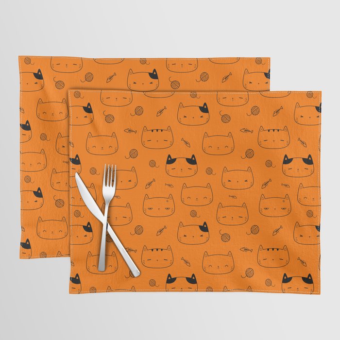 Orange and Black Doodle Kitten Faces Pattern Placemat