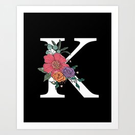 Monogram Letter K with Flowers Black background Art Print