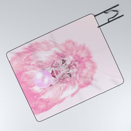 Lion Chewing Bubble Gum in Pink Picnic Blanket