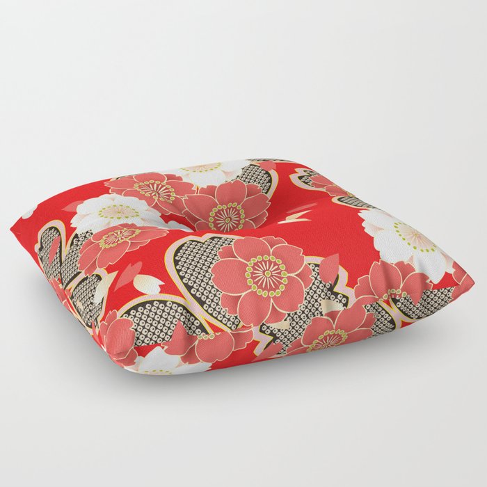 Japanese Vintage Red Black White Floral Kimono Pattern Floor Pillow