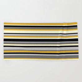 [ Thumbnail: Eyecatching Dim Grey, Goldenrod, Beige, Black & Grey Colored Pattern of Stripes Beach Towel ]