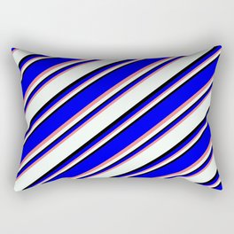 [ Thumbnail: Blue, Light Coral, Mint Cream & Black Colored Lined Pattern Rectangular Pillow ]