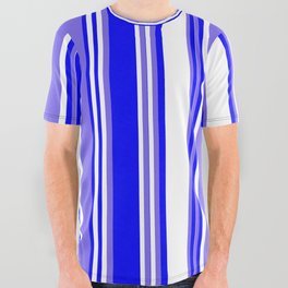 [ Thumbnail: Medium Slate Blue, White, and Blue Colored Lined/Striped Pattern All Over Graphic Tee ]