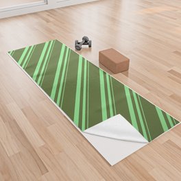 [ Thumbnail: Light Green and Dark Olive Green Colored Lined/Striped Pattern Yoga Towel ]
