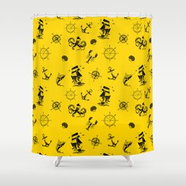 Yellow And Black Silhouettes Of Vintage Nautical Pattern Shower Curtain