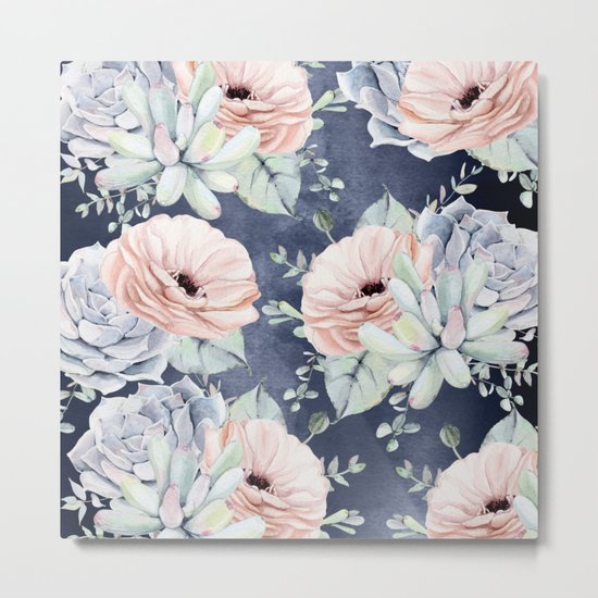 Night Succulents Navy Metal Print