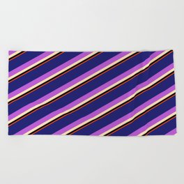 [ Thumbnail: Vibrant Midnight Blue, Orchid, Beige, Black, and Red Colored Striped/Lined Pattern Beach Towel ]